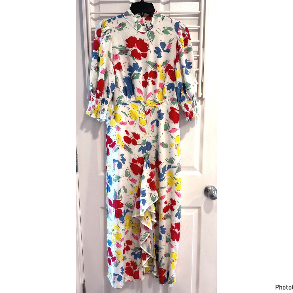 RIXO Target Collab Dress Floral Mock Neck Cascade Ruffle White Colorful Size 10